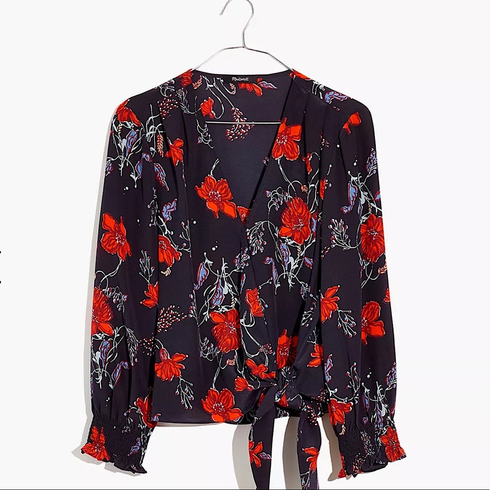 madewell • silk smocked sleeve wrap top